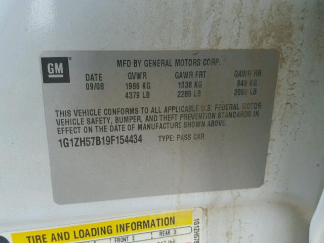 1G1ZH57B19F154434 - 2009 CHEVROLET MALIBU 1LT 白色 照片 10