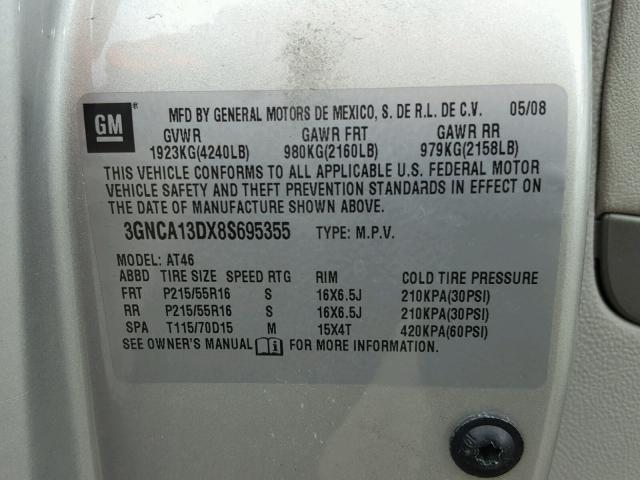 3GNCA13DX8S695355 - 2008 CHEVROLET HHR LS SILVER photo 10