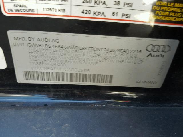 WAUBEAFM1CA032865 - 2012 AUDI A3 PREMIUM BLACK photo 10