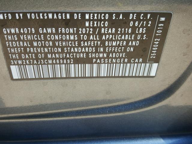 3VW2K7AJ3CM469892 - 2012 VOLKSWAGEN JETTA BASE 银色 照片 10