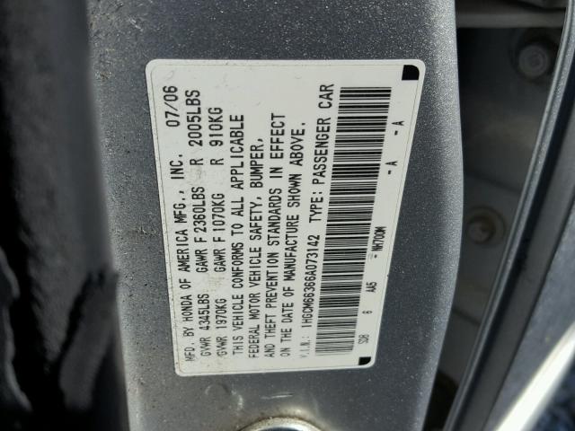 1HGCM66366A073142 - 2006 HONDA ACCORD LX GRAY photo 10