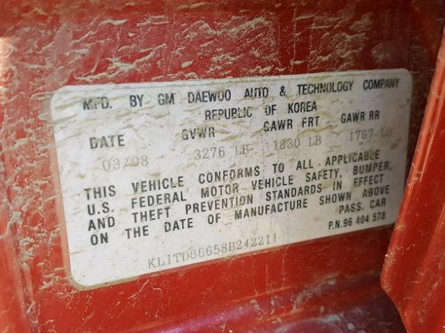 KL1TD66658B242211 - 2008 CHEVROLET AVEO BASE Czerwony zdjęcie 10