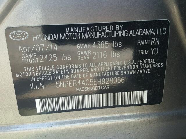 5NPEB4AC5EH928056 - 2014 HYUNDAI SONATA GLS GRAY photo 10