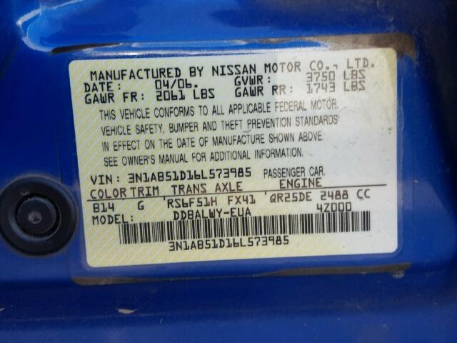 3N1AB51D16L573985 - 2006 NISSAN SENTRA SE- BLUE photo 10