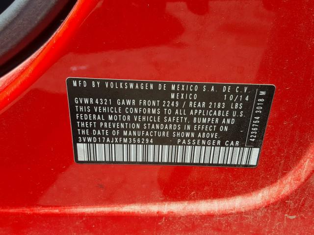 3VWD17AJXFM356294 - 2015 VOLKSWAGEN JETTA SE წითელი ფოტო 10