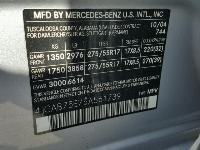 4JGAB75E75A561739 - 2005 MERCEDES-BENZ ML 500 SILVER photo 10