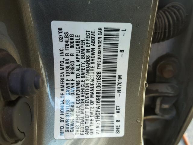 1HGFA16968L061626 - 2008 HONDA CIVIC EXL GRAY photo 10