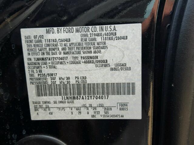 1LNHM87A12Y704017 - 2002 LINCOLN LS BLACK photo 10