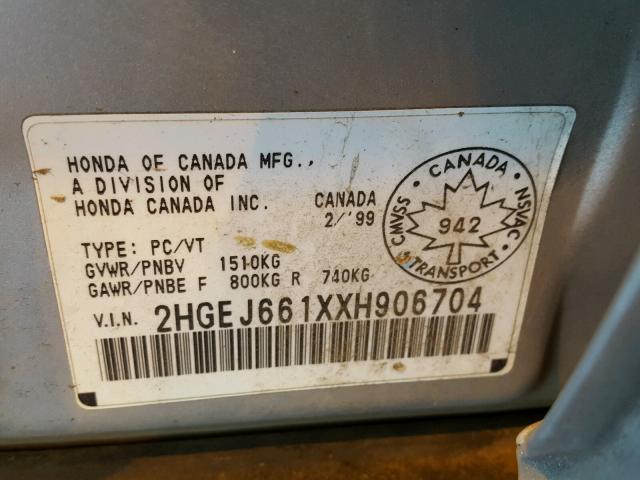 2HGEJ661XXH906704 - 1999 HONDA CIVIC BASE SILVER photo 10