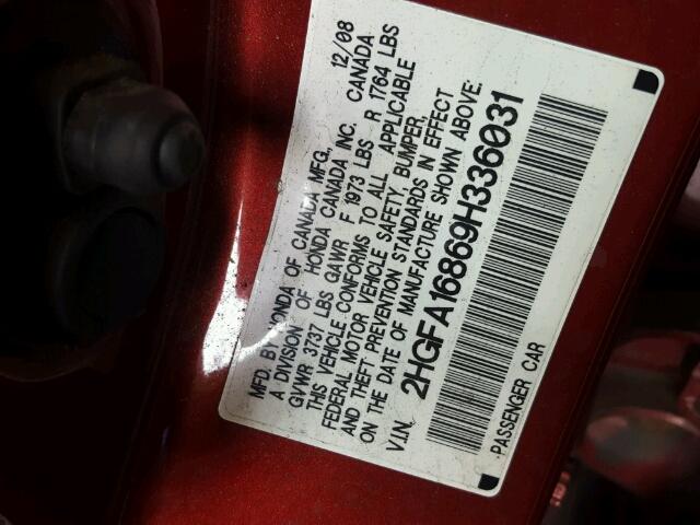 2HGFA16869H336031 - 2009 HONDA CIVIC EX RED photo 10