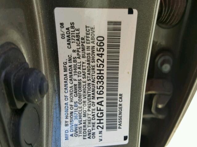 2HGFA16538H524560 - 2008 HONDA CIVIC LX GRAY photo 10