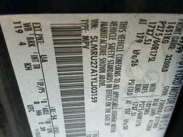 5LMRU27A1YLJ03159 - 2000 LINCOLN NAVIGATOR 黑色 照片 10