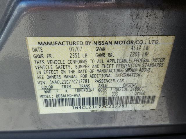 1N4CL21E77C217781 - 2007 NISSAN ALTIMA HYB SILVER photo 10