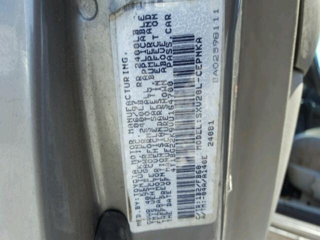 4T1BG22K9VU164700 - 1997 TOYOTA CAMRY CE/L GRAY photo 10