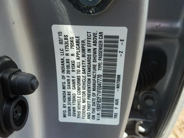 19XFB2F71FE047770 - 2015 HONDA CIVIC SE SILVER photo 10