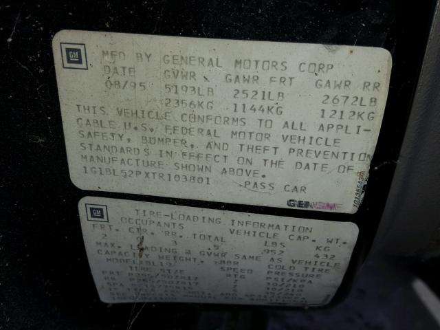 1G1BL52PXTR103801 - 1996 CHEVROLET CAPRICE / 黑色 照片 10