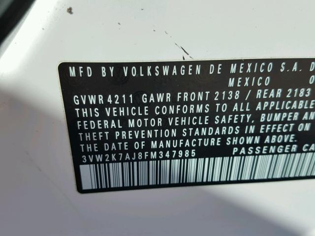 3VW2K7AJ8FM347985 - 2015 VOLKSWAGEN JETTA BASE Սպիտակ լուսանկար 10