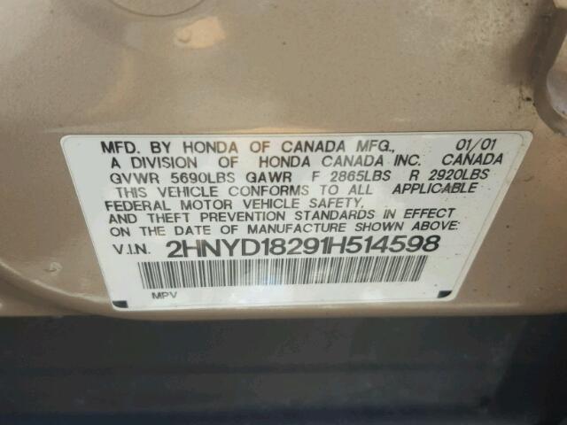 2HNYD18291H514598 - 2001 ACURA MDX GOLD photo 10