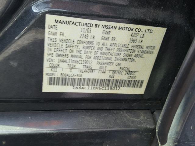 1N4AL11DX6C159012 - 2006 NISSAN ALTIMA S GRAY photo 10