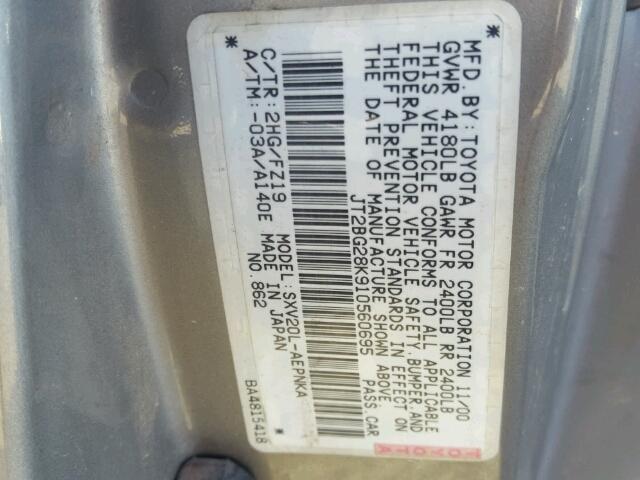 JT2BG28K910560695 - 2001 TOYOTA CAMRY LE GRAY photo 10