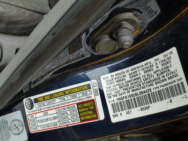 1HGFA16928L084420 - 2008 HONDA CIVIC EXL BLUE photo 10