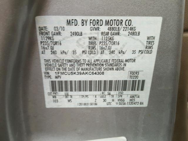 1FMCU5K39AKC64308 - 2010 FORD ESCAPE HYB SILVER photo 10