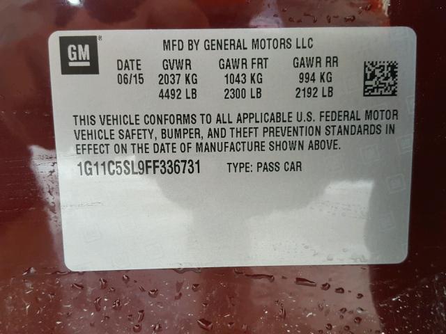 1G11C5SL9FF336731 - 2015 CHEVROLET MALIBU 1LT 勃艮第红 照片 10