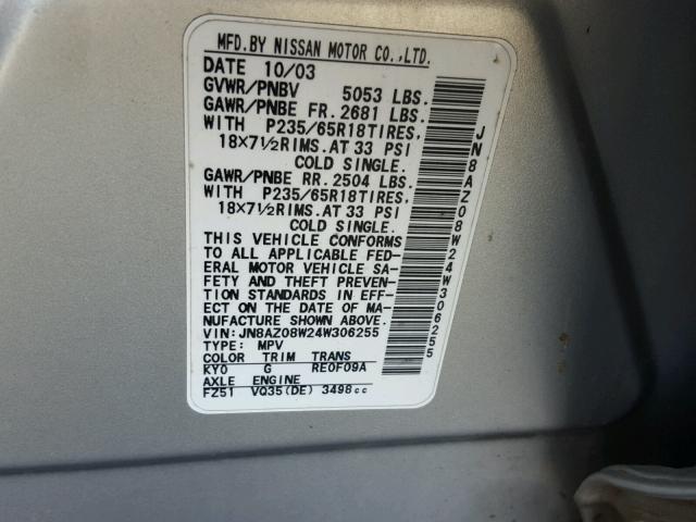 JN8AZ08W24W306255 - 2004 NISSAN MURANO SL SILVER photo 10