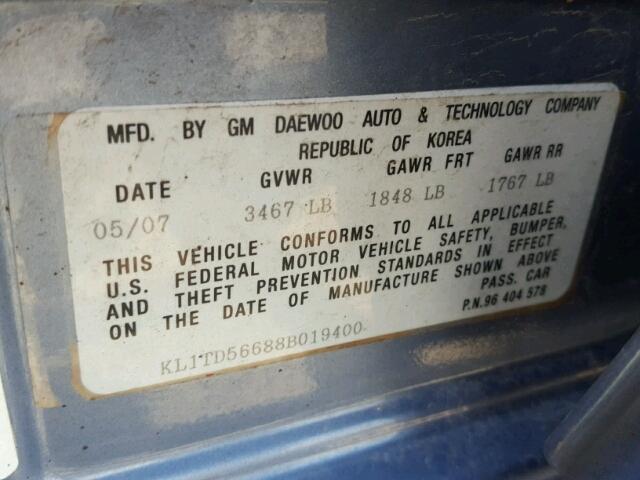 KL1TD56688B019400 - 2008 CHEVROLET AVEO BASE Mavi foto 10