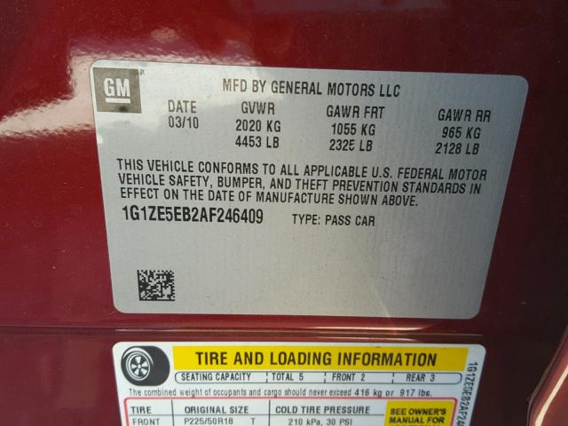 1G1ZE5EB2AF246409 - 2010 CHEVROLET MALIBU LTZ 红色 照片 10