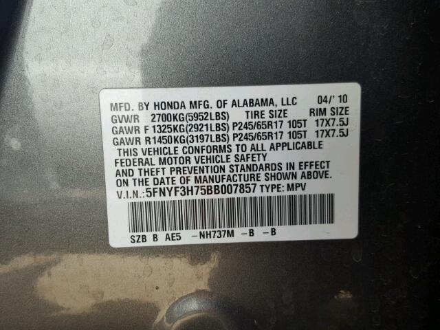 5FNYF3H75BB007857 - 2011 HONDA PILOT EXLN CHARCOAL photo 10