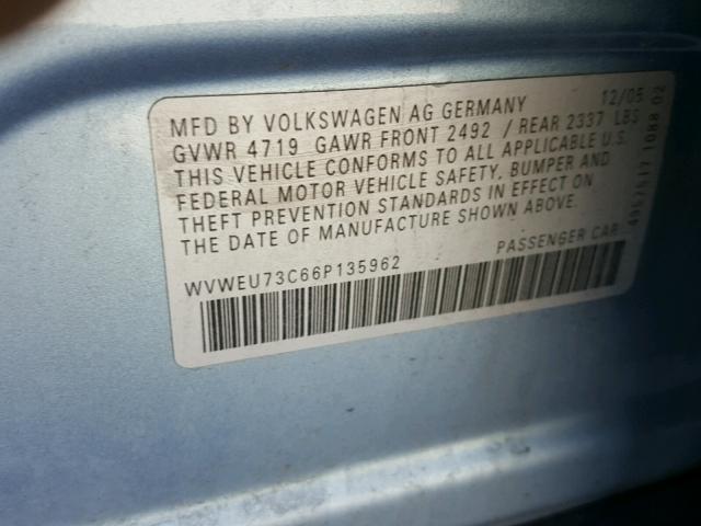 WVWEU73C66P135962 - 2006 VOLKSWAGEN PASSAT 3.6 BLUE photo 10