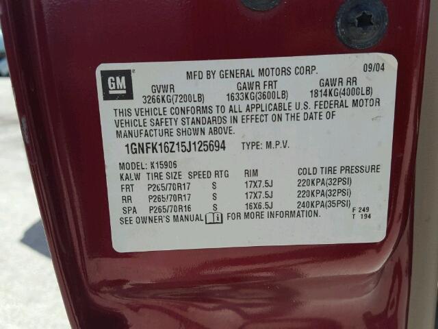 1GNFK16Z15J125694 - 2005 CHEVROLET SUBURBAN K BURGUNDY photo 10