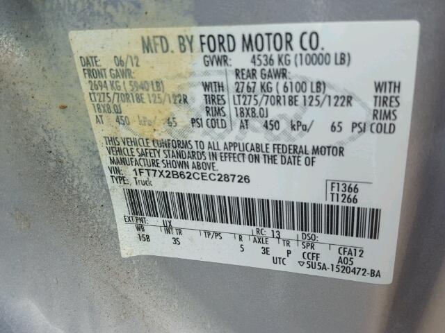 1FT7X2B62CEC28726 - 2012 FORD F250 SUPER SILVER photo 10