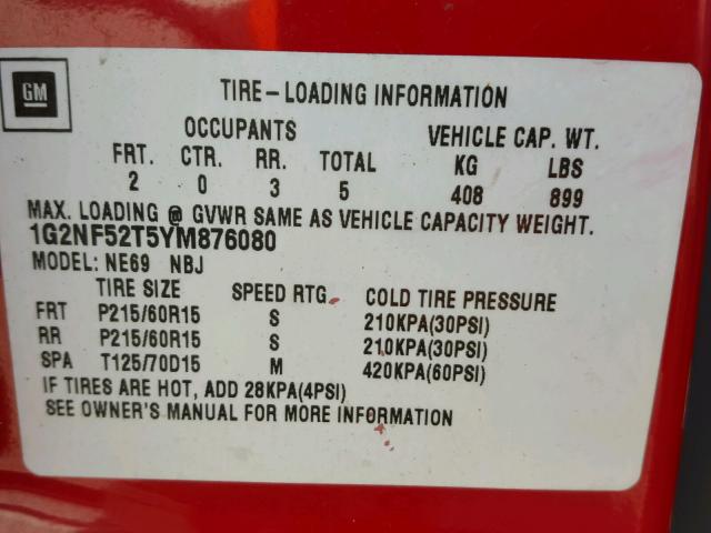 1G2NF52T5YM876080 - 2000 PONTIAC GRAND AM S წითელი ფოტო 10