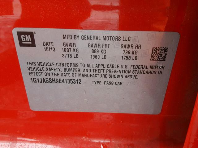 1G1JA5SH9E4135312 - 2014 CHEVROLET SONIC LS 红色 照片 10