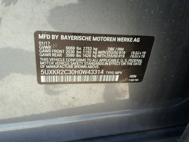 5UXKR2C30H0W43314 - 2017 BMW X5 SDRIVE3 GRAY photo 10