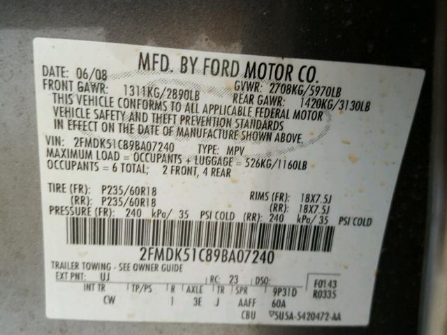 2FMDK51C89BA07240 - 2009 FORD FLEX SE GRAY photo 10