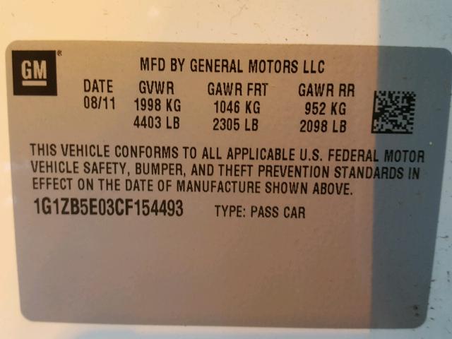 1G1ZB5E03CF154493 - 2012 CHEVROLET MALIBU LS 白色 照片 10