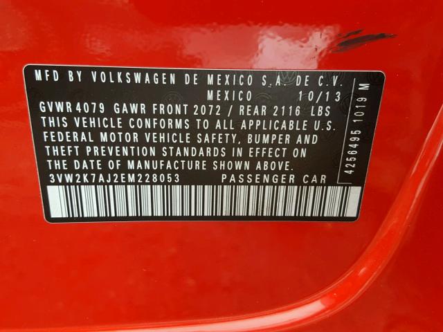 3VW2K7AJ2EM228053 - 2014 VOLKSWAGEN JETTA BASE 红色 照片 10