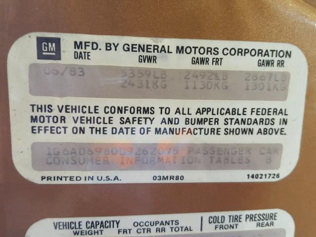 1G6AD6980D9262075 - 1983 CADILLAC DEVILLE BROWN photo 10