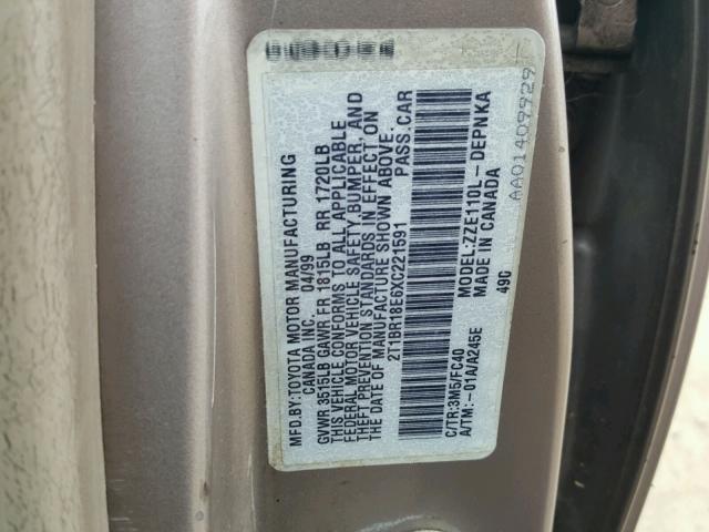 2T1BR18E6XC221591 - 1999 TOYOTA COROLLA VE 棕色 照片 10