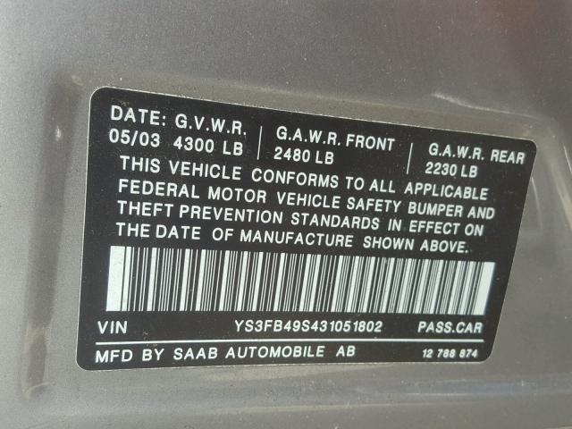 YS3FB49S431051802 - 2003 SAAB 9-3 LINEAR GRAY photo 10