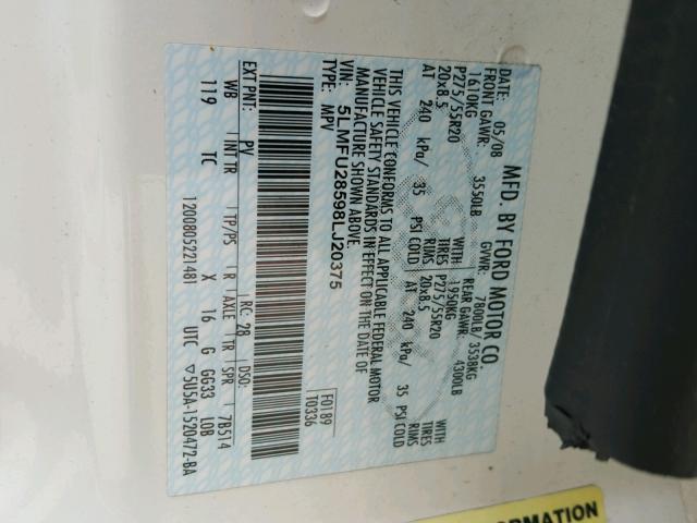 5LMFU28598LJ20375 - 2008 LINCOLN NAVIGATOR WHITE photo 10