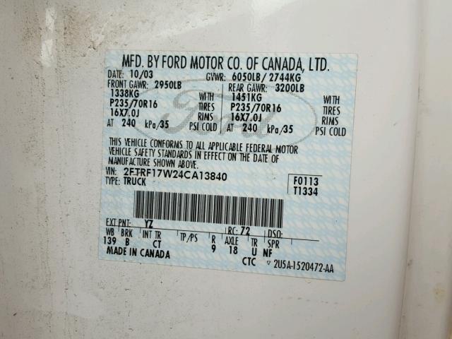 2FTRF17W24CA13840 - 2004 FORD F-150 HERI WHITE photo 10