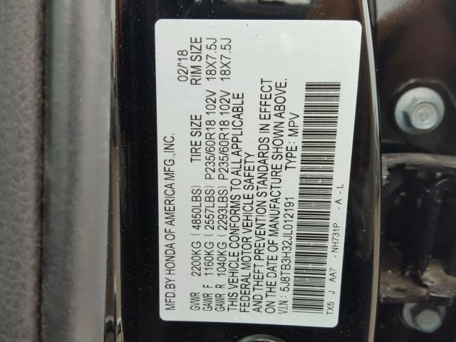 5J8TB3H32JL012191 - 2018 ACURA RDX BASE BLACK photo 10