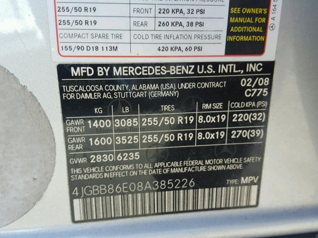 4JGBB86E08A385226 - 2008 MERCEDES-BENZ ML 350 SILVER photo 10