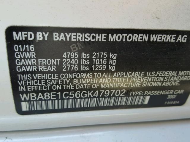 WBA8E1C56GK479702 - 2016 BMW 330E WHITE photo 10