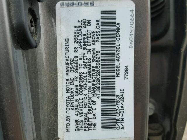 4T1BE32K52U598278 - 2002 TOYOTA CAMRY LE GRAY photo 10