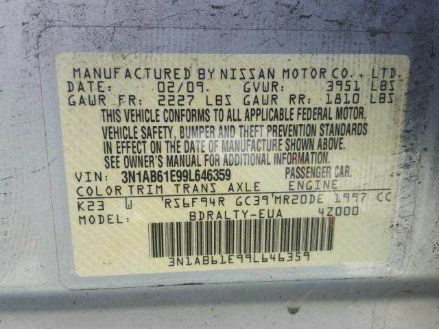 3N1AB61E99L646359 - 2009 NISSAN SENTRA 2.0 SILVER photo 10